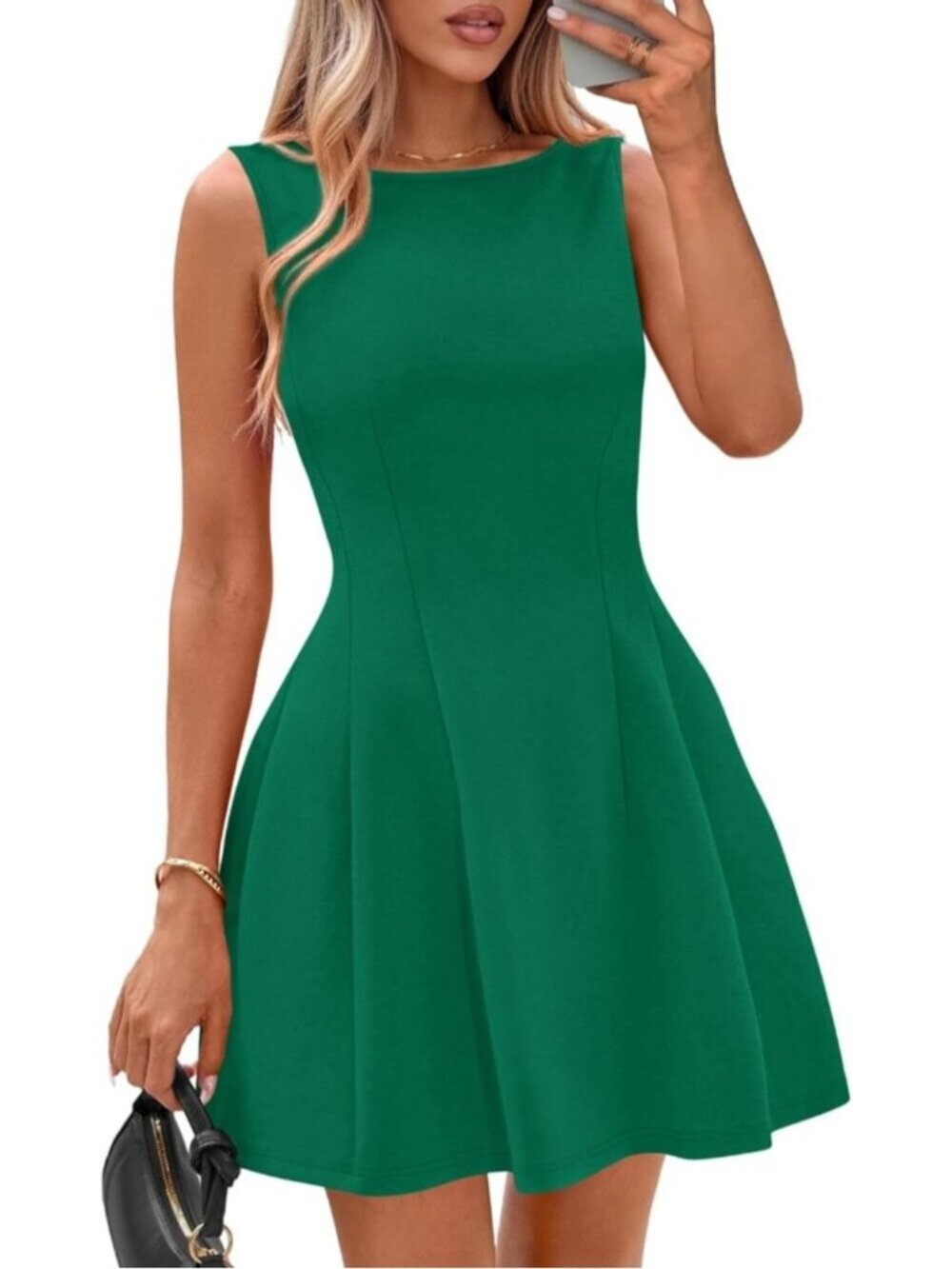 Women's Green Sleeveless Classy Boat Neck Elegant Cocktail Mini Dress